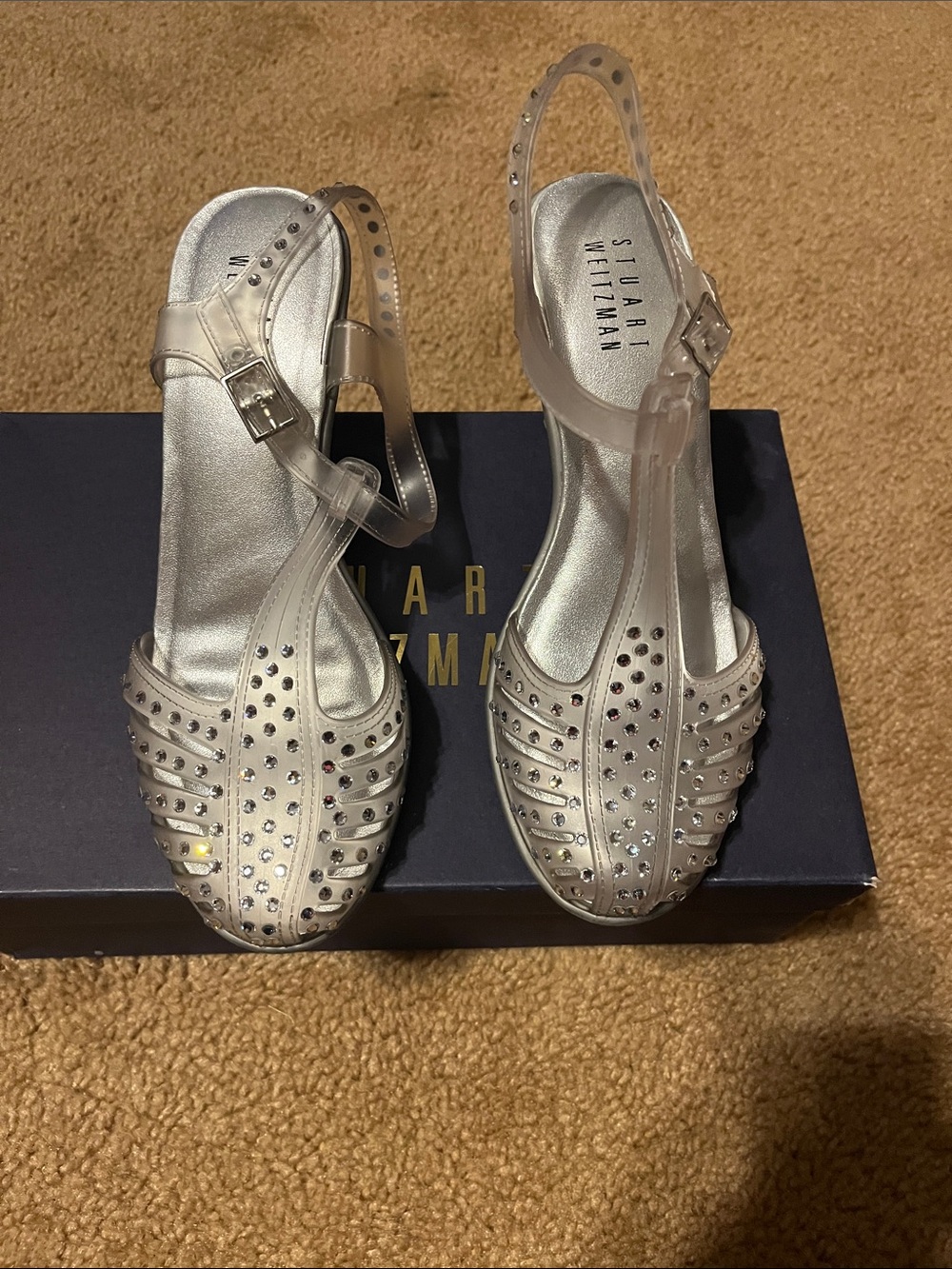 Stuart Weitzman Silver Jeweled Slingback Flats